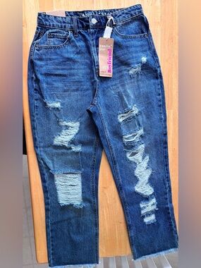 Vanilla Star Women's Distressed Blue Boyfriend Jeans